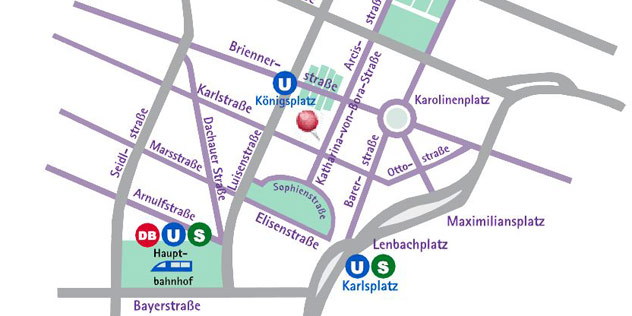Das Bild zeigt eine Straßenkarte von München: die Anfahrt zum Hauptgebäude des Landeskirchenamtes ind er Katharina-von-Bora-Straße Straßenkarte von München