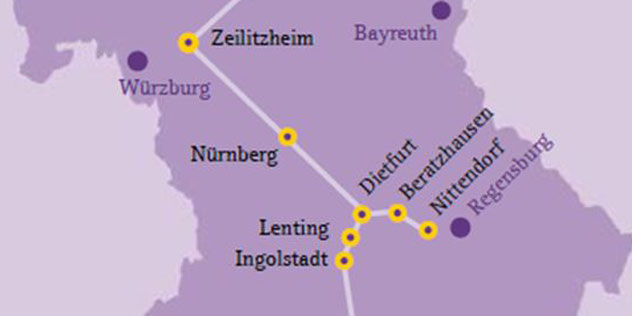 Das Bild zeigt den Ausschnitt einer Karte von Bayern mit einigen Wirkstätten Argula von Grumbachs im Freistaat Karte von Bayern,© ELKB / fgs