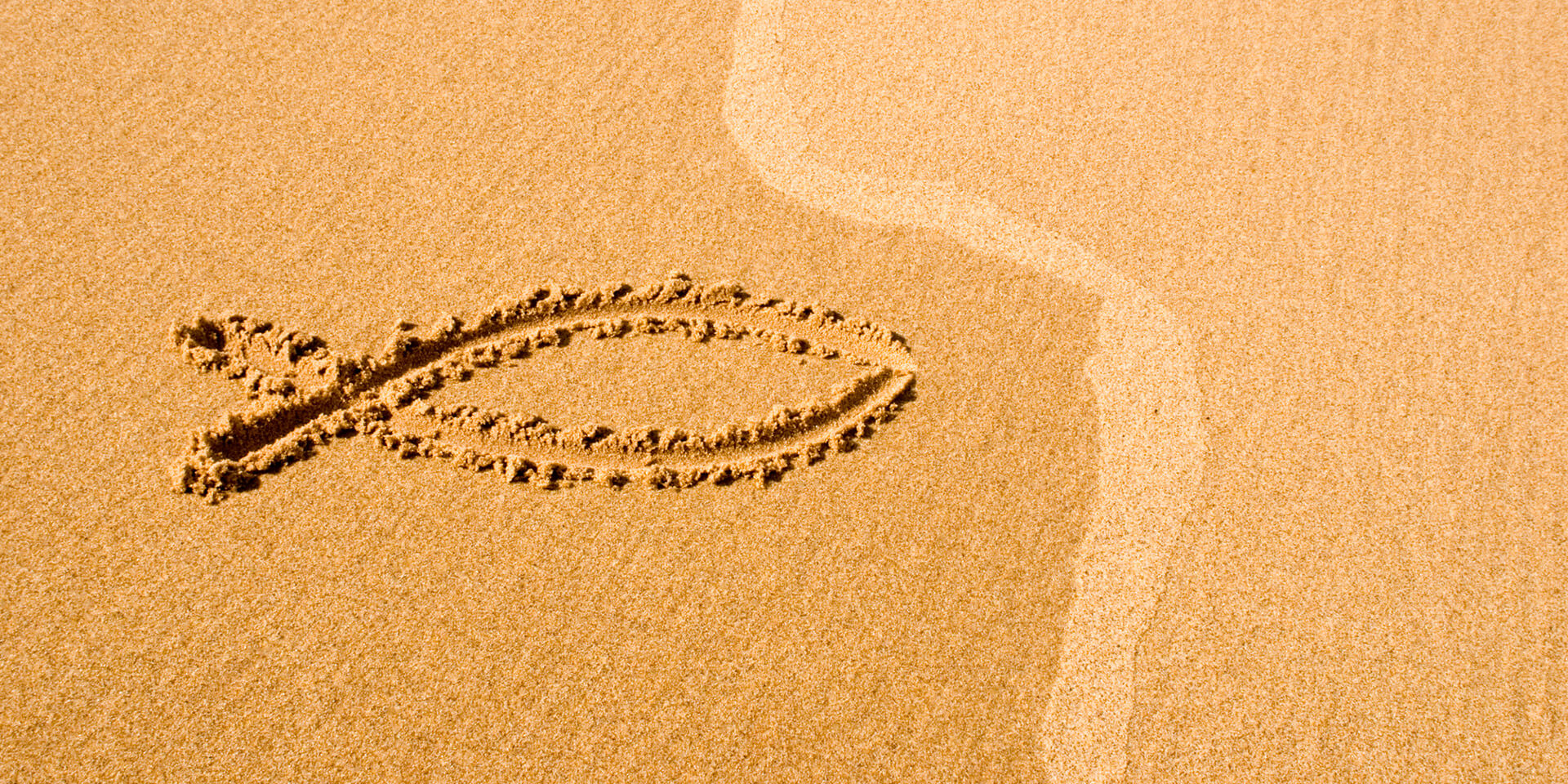Das Bild zeigt einen Fisch, der als christliches Symbol in einen Sandstrand gezeichnet ist. Fisch im Sand