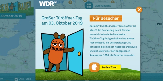 WDR-Maus feiert am 3. Oktober ihren neunten „Türöffner-Tag“, © WDR