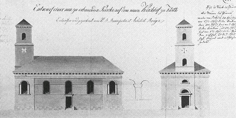 Der abgebildete Entwurf entspricht nicht ganz dem heutigen Bild der Auferstehungskirche. Der Turm ist hier nur 2- statt 3-geschossig und die Sakristei fehlt komplett., &copy; Evang.-Luth. Kirchengemeinde Auferstehungskirche Fürth.